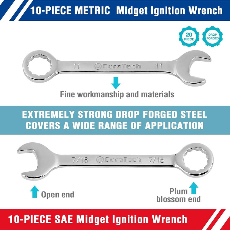 DURATECH Mini Wrench Set, Midget Combination Wrench Set, 20-Piece, Metric & SAE, 4-11mm & 5/32" - 7/16", Lightweight, with Rolling Pouch - Image 5